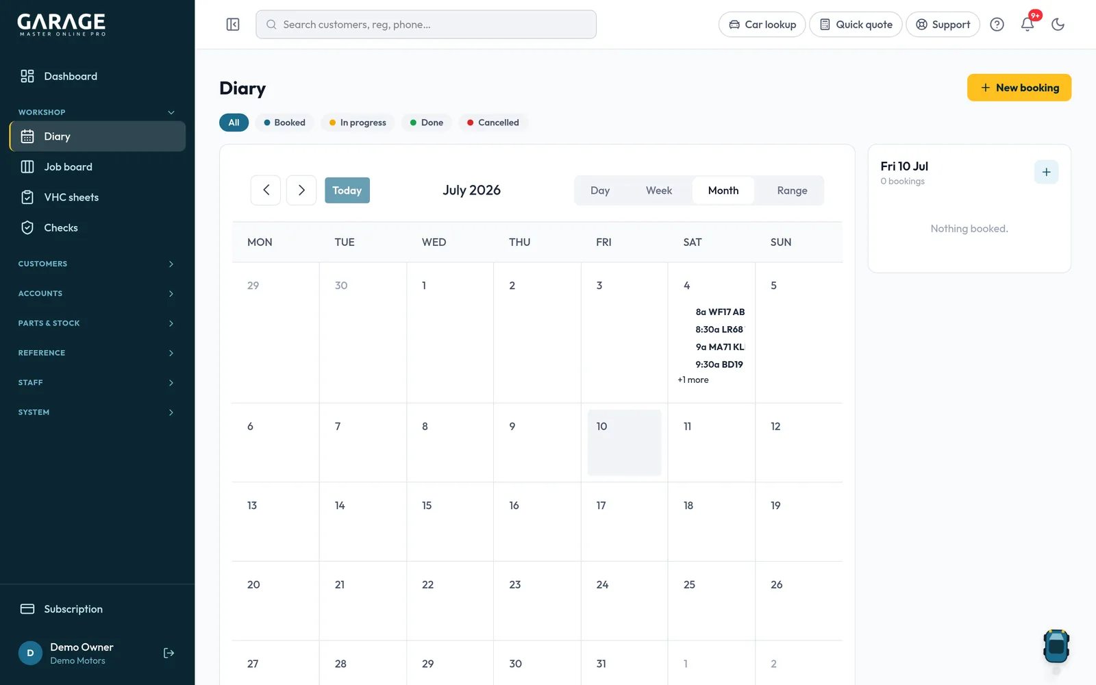 GarageMasterOnline — Booking diary, digital vehicle health checks, parts, invoicing and MOT reminders — one system replacing five.