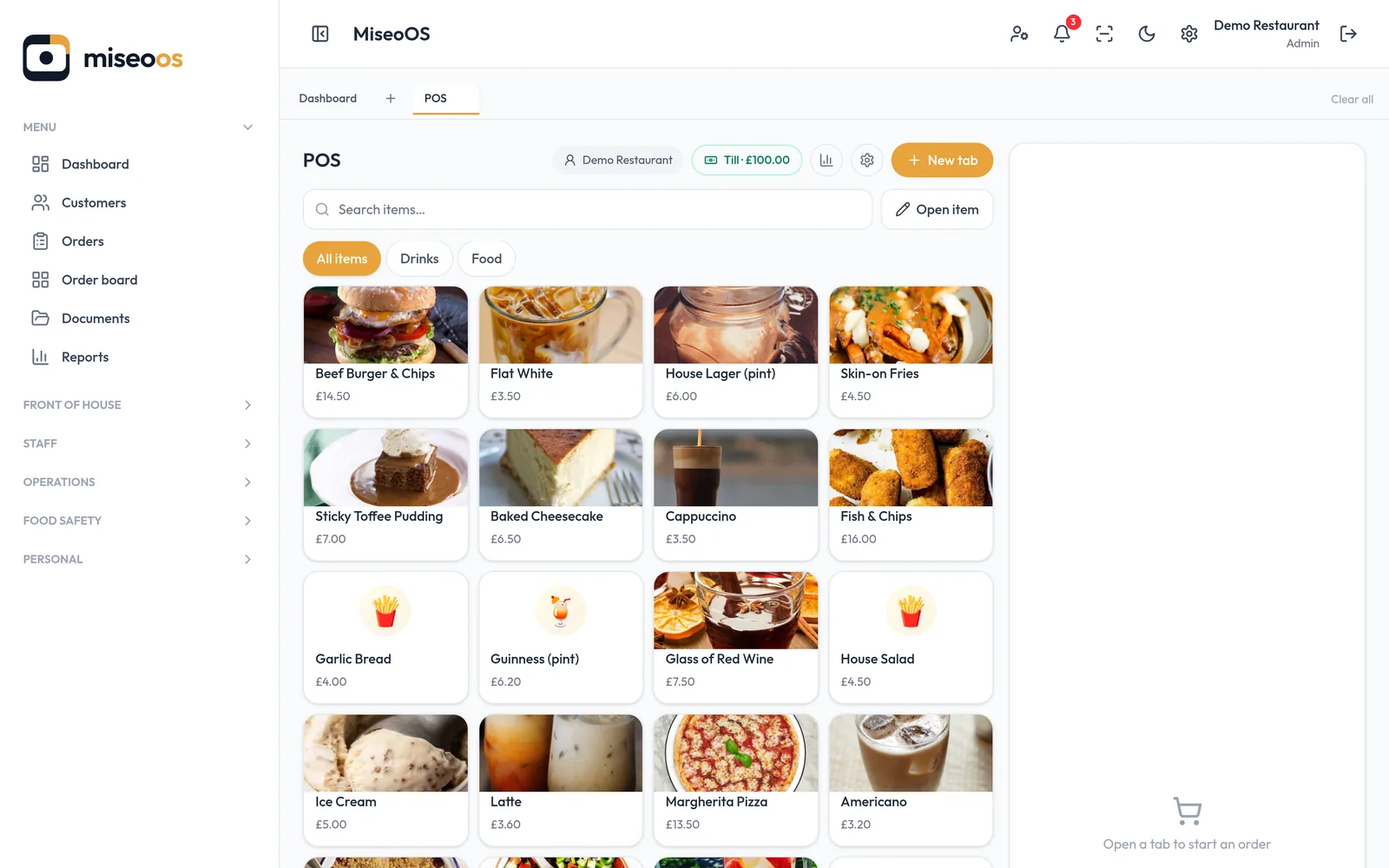 MiseoOS — Till and table service, reservations, kitchen display, staff rotas and food-safety records in a single platform.